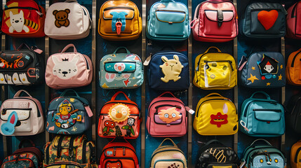 Wall Mural - A wall of colorful backpacks with various cartoon characters and symbols 