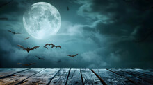 A Wooden Table With An Empty Background In Front Of The Moon And Bats Flying Around. Creating A Spooky Atmosphere For Halloween Or Other Darkthemed Events 