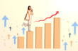Cheerful young entrepreneur on graph with red growing up arrow. Finance, growth and success concept