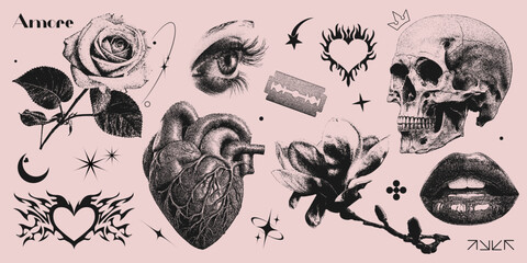 Retro collection of photocopy halftone elements in trendy Y2K aesthetic. Eye, lips, heart, skull, blade, flowers and geometric abstract shapes with grain effect and stippling. Vector dots illustration