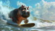 A whimsical scene of a hippo enjoying the thrill of surfing in the sea, hyper realistic, low noise, low texture