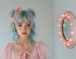 Chica con cabello teñido de azul y reflejos rosas, escena de fantasía, sesión fotográfica, modelo con iguana en la cabeza, extravagante adorno único, singularidad, personalidad espejo con luces