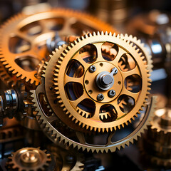 Close up of gears and cogs in a mechanical workshop.