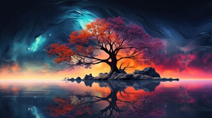 Wall Mural - abstract fractal art of a tree overhanging a lake beautiful vibrant colors reflections