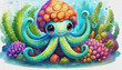 oil painting style CARTOON CHARACTER CUTE baby An octopus at the bottom of the ocean, near the reef, sea,