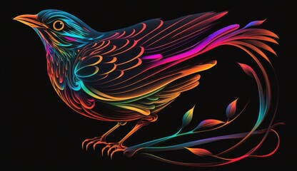 Wall Mural - A graphics abstract design of a glowing bird with a long tail, surrounded by swirling neon colors,set against a black background, AI Generative