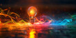Glühbirne mit Farbexplosion in bunten leuchtenden Farben und dynamischen Hintergrund im Queformat für Banner, ai generativ