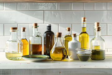 Wall Mural - Vegetable fats. Different oils in glass bottles and dishware on white wooden table against tiled wall