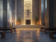 A 3D rendering of a modern church with a glowing cross on the altar.