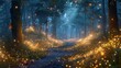 A dark forest with a path leading through it with the light comes from the fireflies that are flying around.