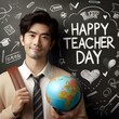 Person holding globe wishes Happy Teacher day 3d Render 