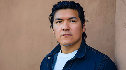 Wall Mural - an young native american man with black hair. wearing white tshirt and dark blue jacket standing in front of flat background 