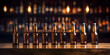 Row of bear bottles on the wooden table background with blur bear bar, brown bear bottles in the bar, generative AI