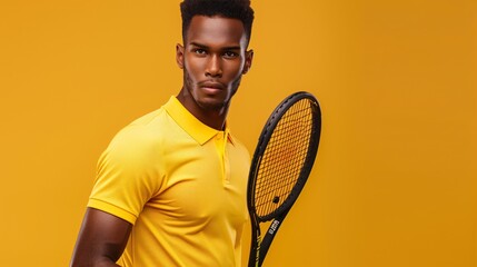 A man in a yellow shirt is holding a tennis racket