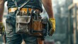 Close-up of Maintenance worker with bag and tools kit wearing on waist