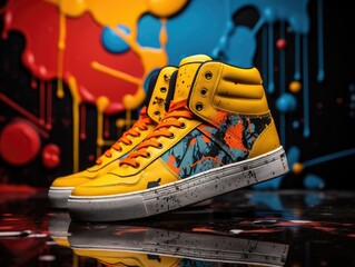 a portrait product shot of a pair of high-top sneakers, meticulously styled and photographed against a backdrop that reflects urban street culture