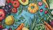A closeup of a glossy cookbook cover adorned with handdrawn illustrations of fruits vegetables and herbs hinting at the colorful and creative recipes inside..