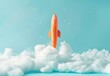 Carrot rocket launches amidst pastel sky blue backdrop, embodying Easter minimalism.