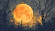 Haunting Gothic Full Moon Shines Over Silhouetted Bare Trees in Eerie Autumn Forest Landscape