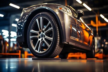 Car wheel in auto repair shop. Auto service industry. Car service.