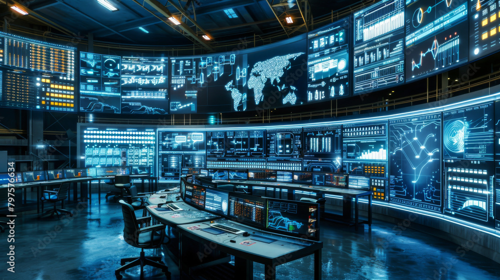 High-tech control room monitoring global data Stock Photo | Adobe Stock