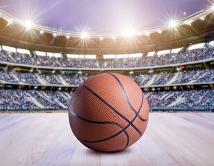 Basketball ball in front of big modern basketball arena