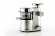 A masticating juicer with a sleek silver body and a reverse function for easy cleaning isolated on a solid white background.