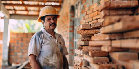 Canvas Print - Latin Bricklayer in house under construction background, copy space 