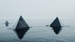 Abstract landscape of 3D triangular prisms rising from a reflective surface