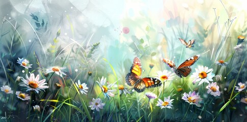 Watercolor painting of two butterflies on daisies in the meadow