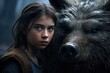 a girl next to a wolf