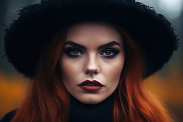 Wall Mural - a woman with red hair and black hat