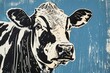 simple black and white linocut of cow, blue retro banner, happy milk day	