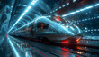 A futuristic silver colored bullet train inside a modern train station