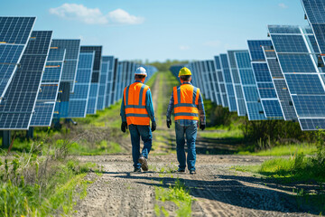 Employees of a solar park walk in between rows of solar panels