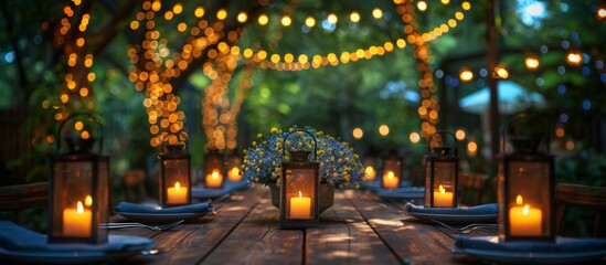 Wall Mural - A festive wooden table, adorned with crisp linens, gleams under the soft glow of lanterns and twinkling fairy lights. 