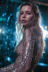 Wall Mural - woman in a silver dress with long hair poses for a photo. The dress is covered in glitter and the woman's hair is wet. The photo has a dreamy, ethereal quality to it