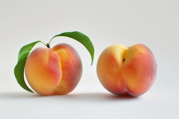 Sticker -  Two peaches, one with green leaves on the top and bottom of its stem, have smooth skin and round shapes against a white background. 