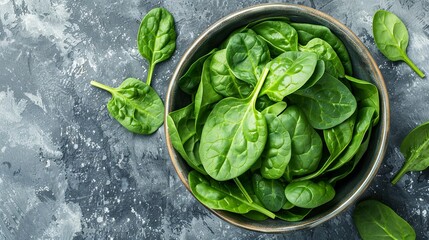 Wall Mural - Fresh spinach leaves in a bowl on textured background