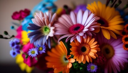 Canvas Print - close-up of a bouquet of bright flowers, chrysanthemums. The flowers are mostly pink, yellow and orange, but also blue and purple.