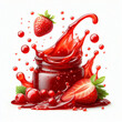 Red berry Jam splash with little bubbles fruit syrup isolated on white background, Fruity strawberry sauce, liquid fluid element flowing, red juice swirl.