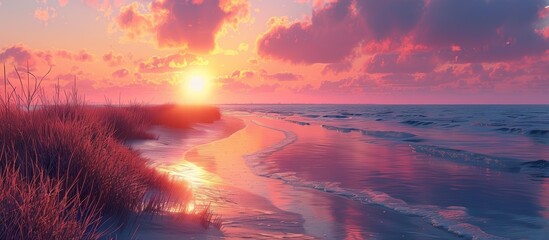 Wall Mural - As the sun dips below the horizon, casting hues of pink and gold across the sky, a romantic evening unfolds by the tranquil sea. 