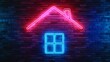 House icon neon on brick wall background