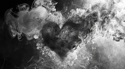 Wall Mural - smoke art, heart shape, black and white colors, texutre background, 16:9