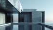 A minimal concrete house with a pool reflecting the sky