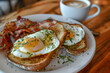 Classic breakfast with sunny-side-up eggs and crispy bacon on toast, served with a cup of coffee. Morning meal and breakfast food concept. Ideal for restaurant menus and food blogs