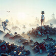 girl stands on a pile of garbage at a robot dump