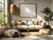 Neutral Serenity: White Frame Mockup Amidst Minimalist Furnishings in Living Space