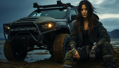 beautiful and mysterious woman sitting in the wasteland next to a broken off road vehicle, a lonely female nomad in a dystopian desert landscape