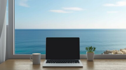 Wall Mural - Laptop mockup, blank screen notebook mockup, seascape background, 3d render